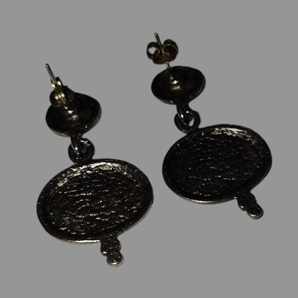 Vintage Black Oval Cabochon Drop Earrings Silver Tone Boho Dangle Studs - Picture 2 of 4